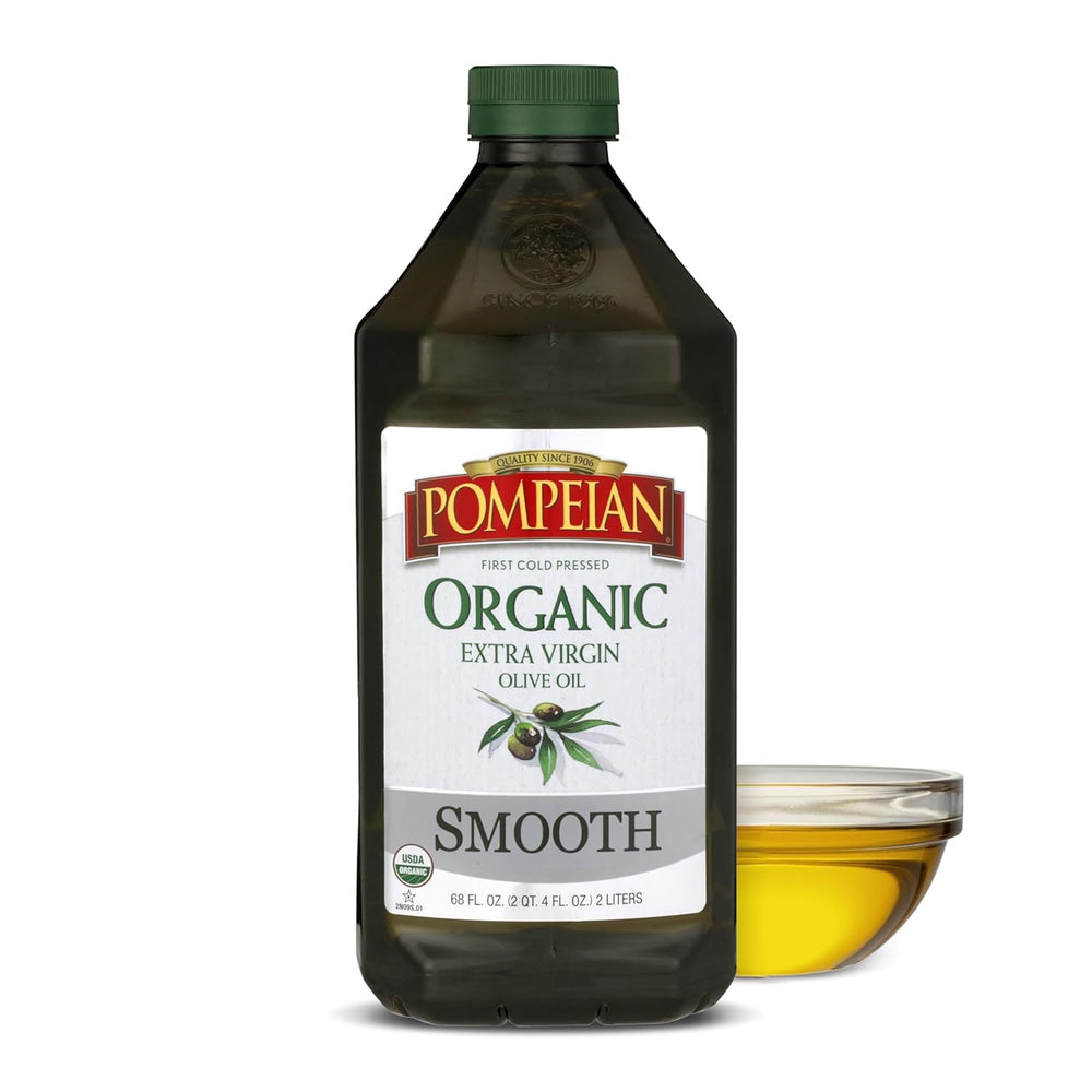 Pompeian front bottle 68 fl oz showing organic label and large-size convenience