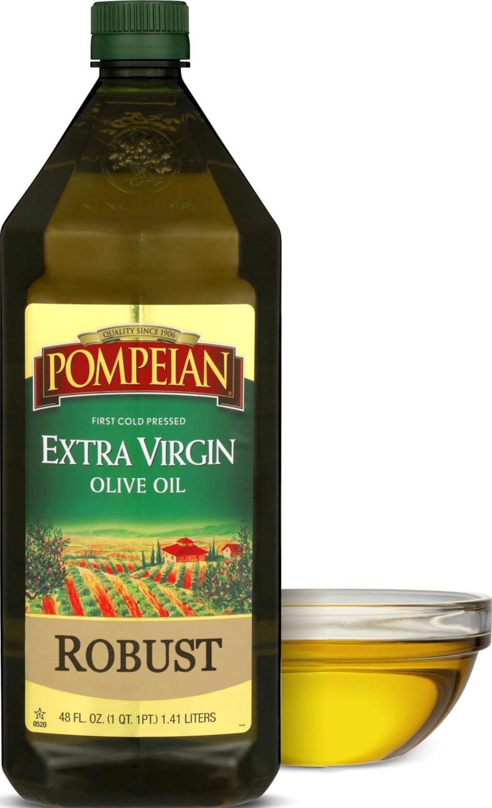 Pompeian bottle front label showing product name and size, clear product identity and benefit