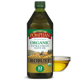 Pompeian front bottle showing robust organic EVOO and bold flavor benefit