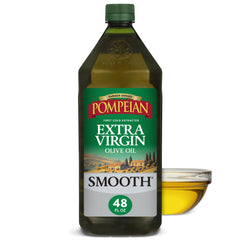 Pompeian front label showing 48 fl oz bottle and clear branding benefit of authenticity