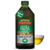 Pompeian bottle front packaging showing 68 fl oz label and smooth EVOO benefit