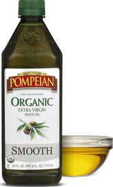 Pompeian front bottle showing label and size, highlights organic quality