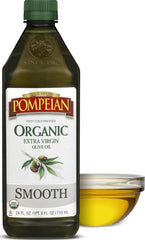 Pompeian front bottle showing label and size, highlights organic quality