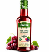 Ponti bottle front view showing organic red wine vinegar and clear label benefit