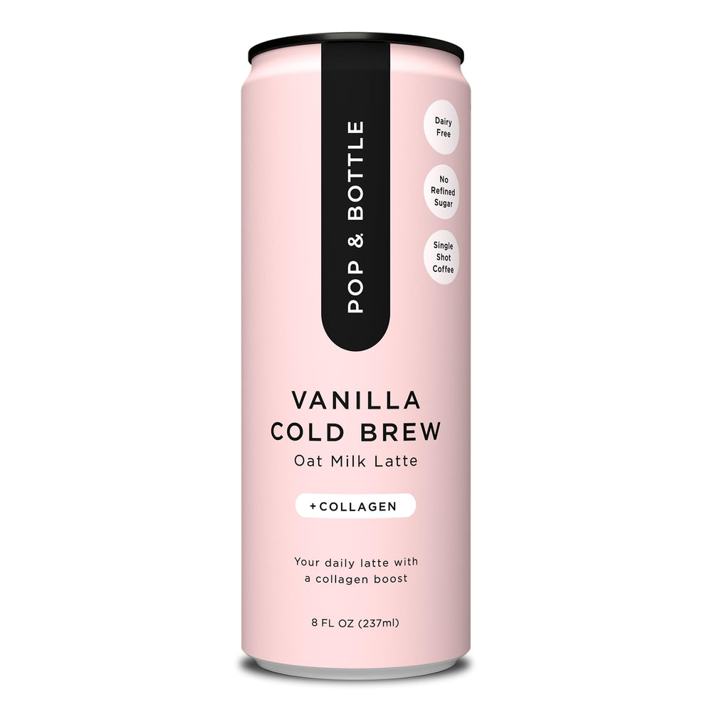 Pop & Bottle front packaging showing vanilla oat milk lattes and pack benefits