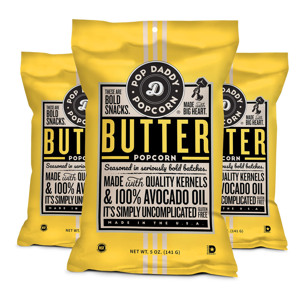 POP DADDY ·POPCORN· front packaging showing butter flavor and three 5oz bags for convenience
