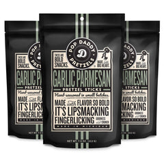 Pop Daddy front packaging showing garlic parmesan flavor and resealable benefit