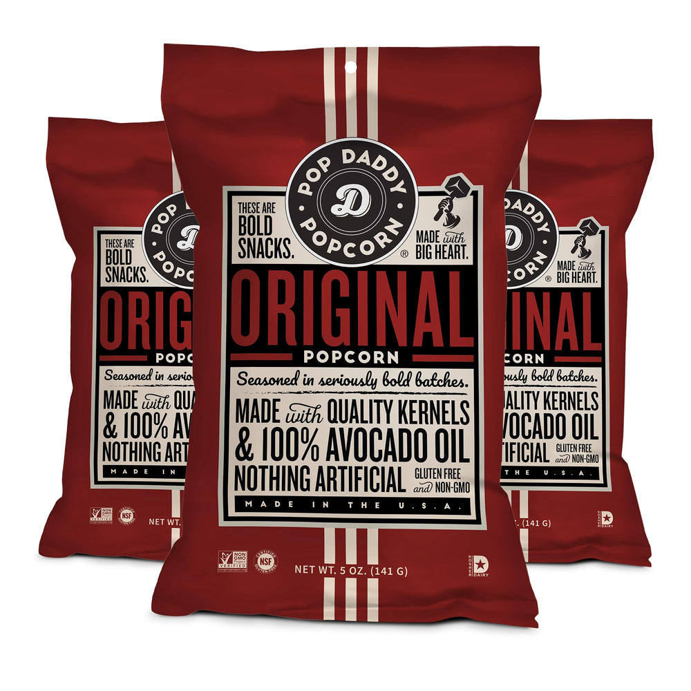 Pop Daddy front packaging showing 5oz bag and clear branding with snack convenience