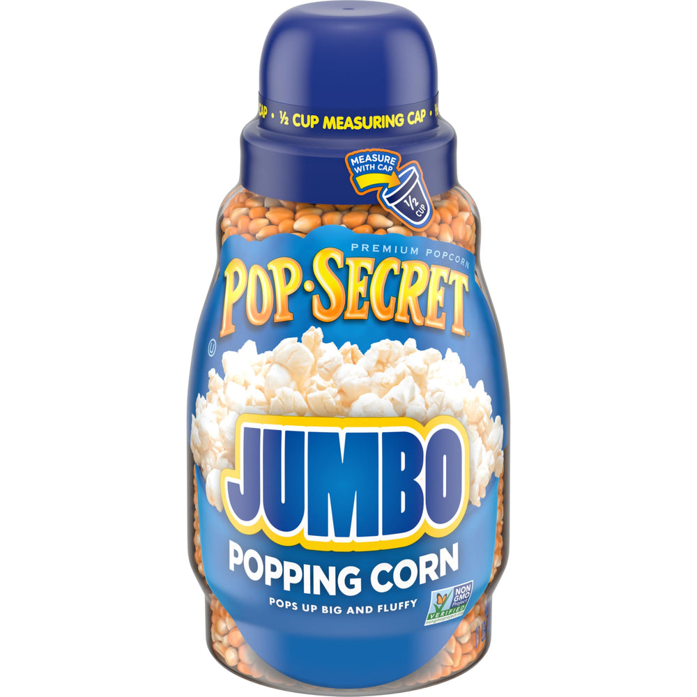 Pop Secret front jar showing label and 30-ounce size, ideal for home popcorn