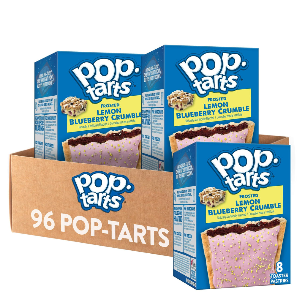 Pop-Tarts front box showing Frosted Lemon Blueberry Crumble flavor and bulk count