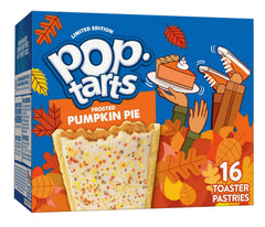 Kellogg's Pop-Tarts pumpkin pie front box showing packaging and count, seasonal treat convenience