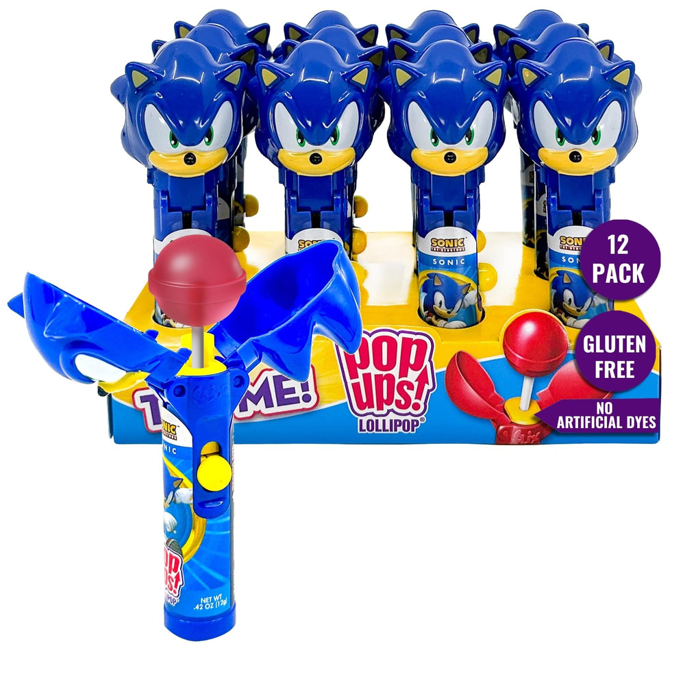 POP UPS! Sonic front packaging showing 12 holders and sealed lollipops for clean gifting