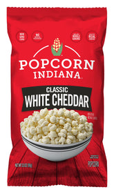 Popcorn, Indiana front packaging showing six white cheddar bags and convenience