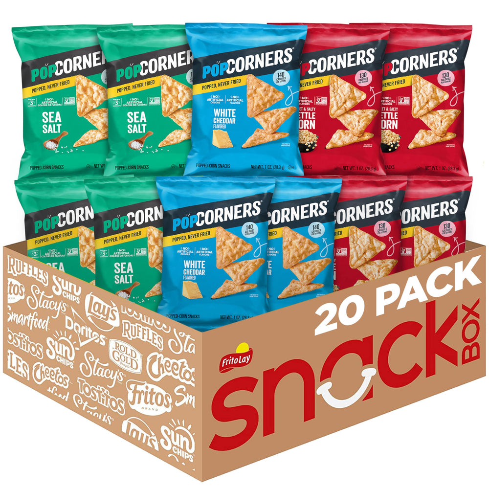 PopCorners front packaging showing core three-flavor variety and single-serve pouches for easy grab-and-go