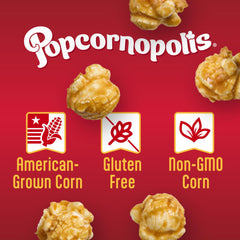 Popcornopolis caramel popcorn close-up showing crunchy caramel texture and appeal