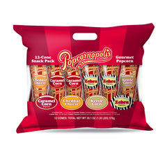 Popcornopolis front packaging showing 12-cone variety pack and gifting appeal