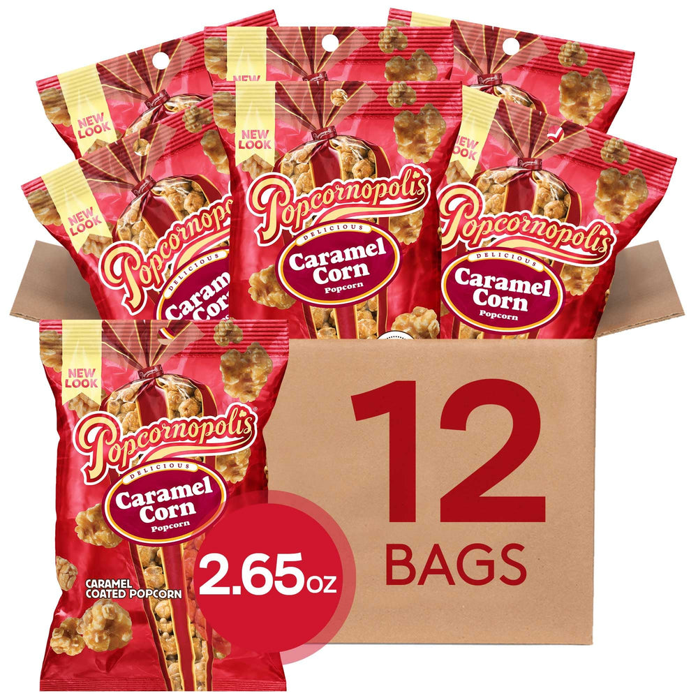 Popcornopolis front packaging showing 12-count box and brand for easy selection