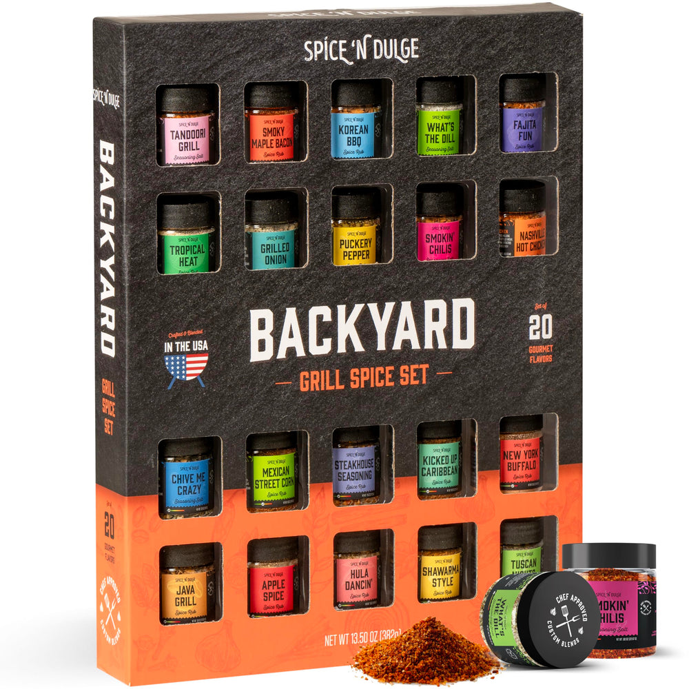 Pop n' Dulge front packaging showing full 20-jar grilling set, inspiring gift ideas