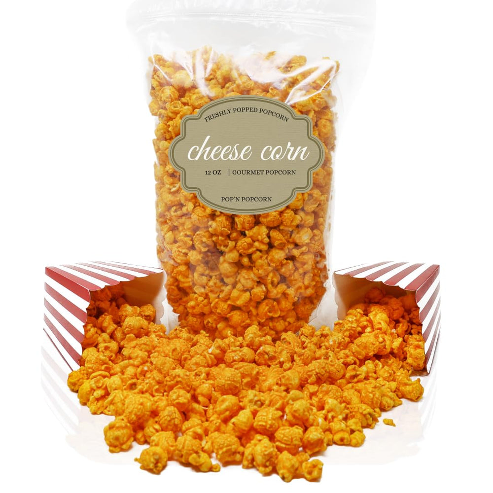 Pop'N Popcorn front packaging showing 12 oz bag and cheesy popcorn inside, fresh appeal