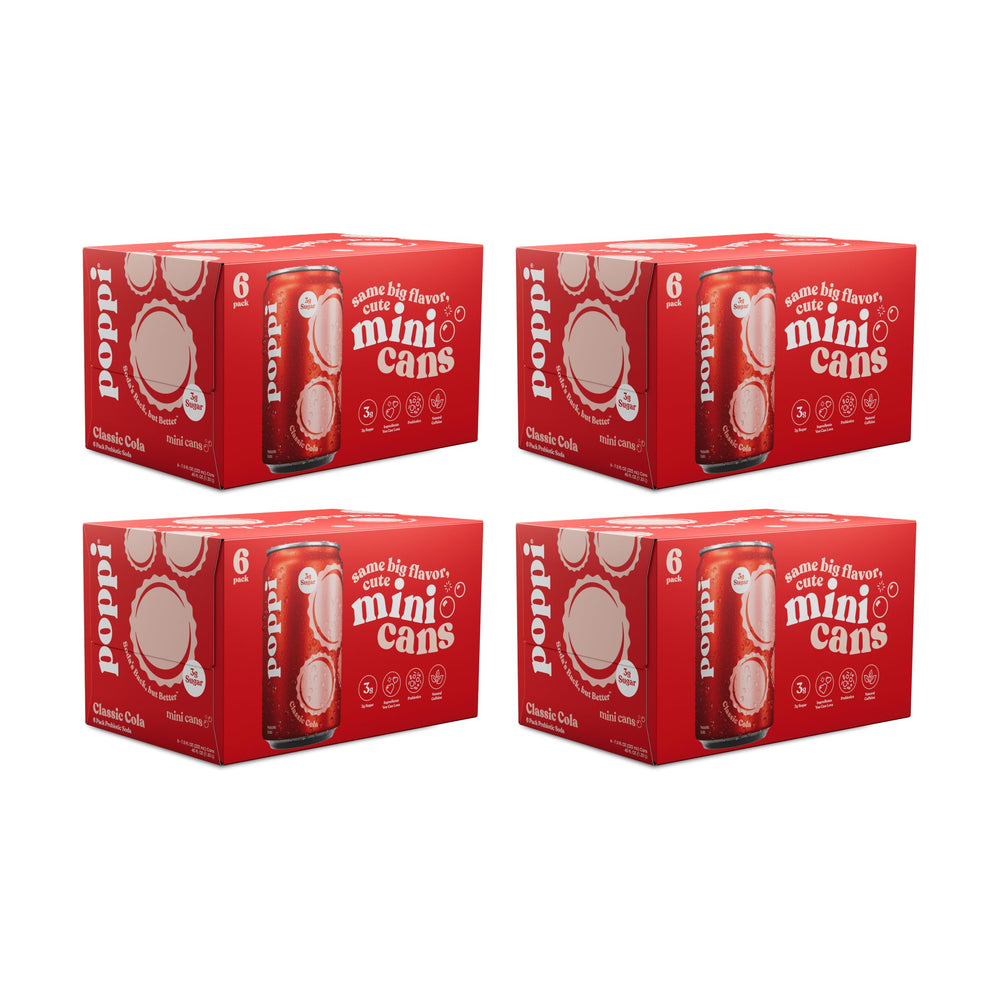 Poppi classic cola front packaging showing mini cans and branding for convenient enjoyment