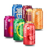 poppi 12-pack front view showing colorful cans and variety benefits