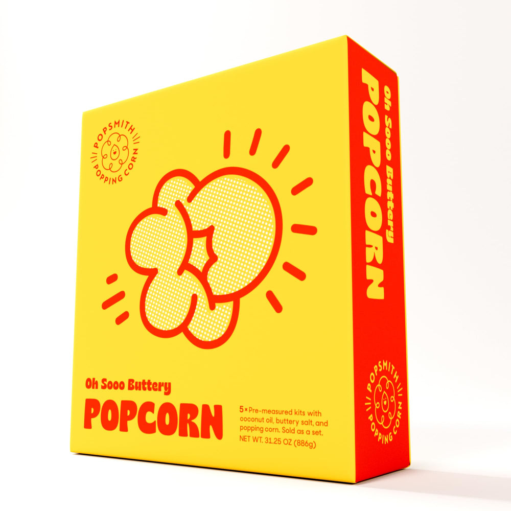 POPSMITH front packaging showing five 4-ounce pre-measured popcorn kits for convenience