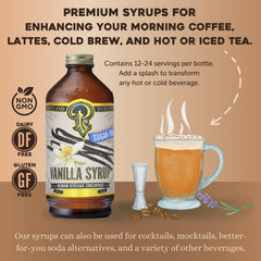 Close-up of Portland Syrups label highlighting vanilla name and sugar-free benefit