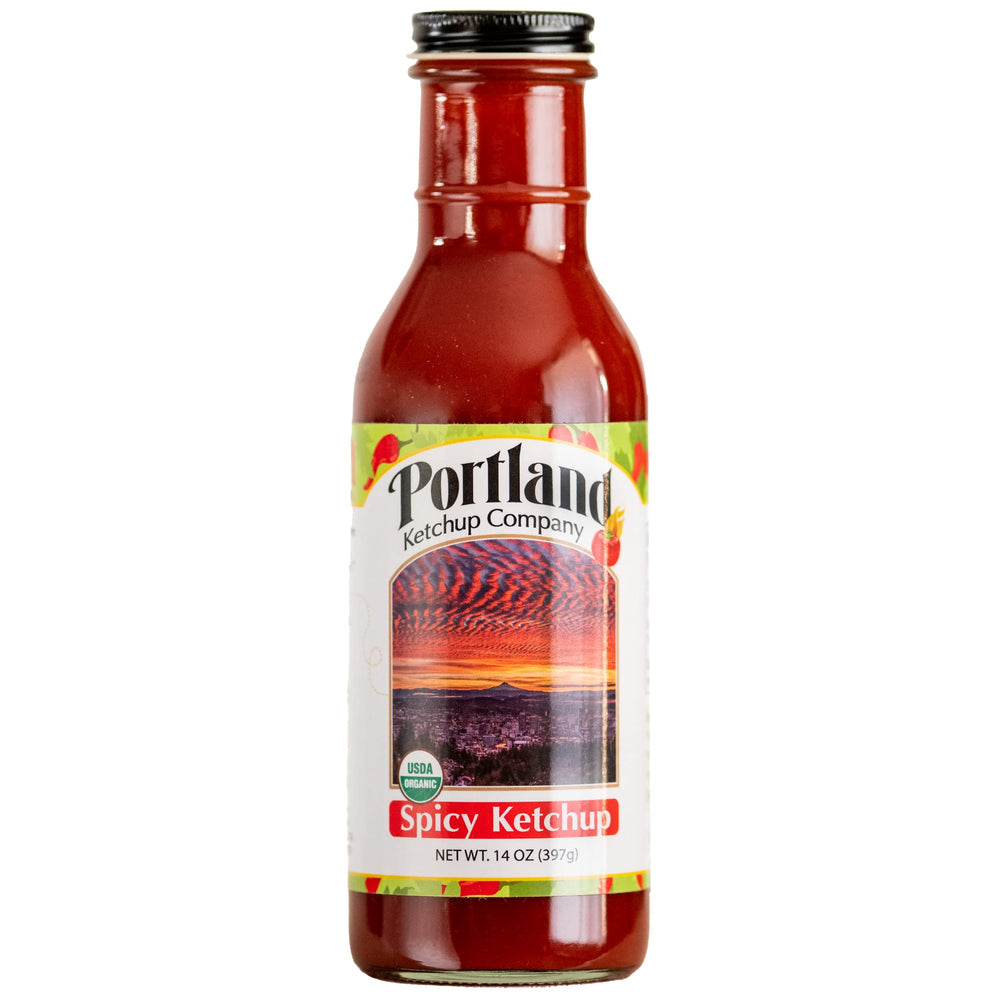 Portlandia Foods front bottle showing label and Portland photo, highlights organic quality
