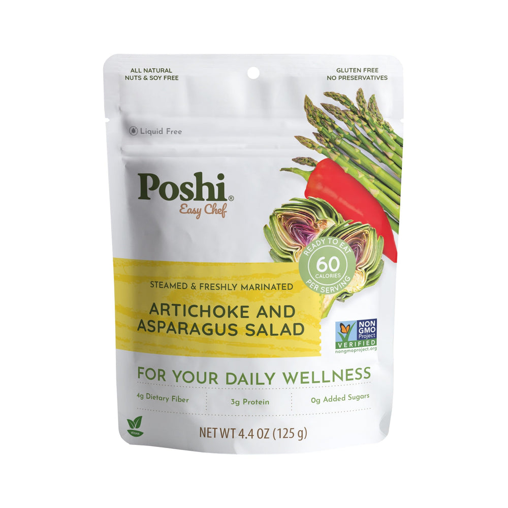POSHI front packaging showing marinated artichoke and asparagus benefits