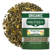 Organic Positively Tea front pouch showing mango green branding and USDA organic benefit