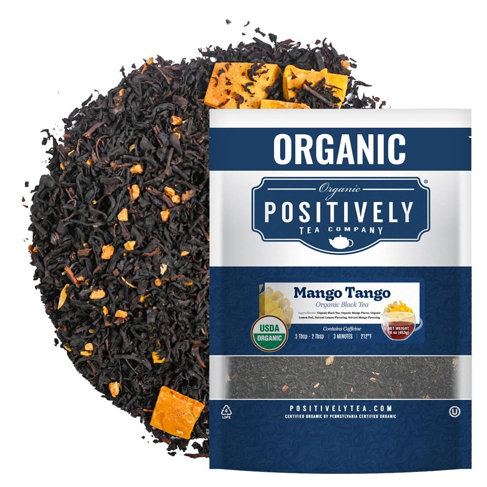 Organic Positively Tea front packaging shows 16 ounce bag and certifications