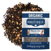 Organic Positively Tea front packaging showing 16 oz masala chai — clear label for shoppers