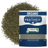 Organic Positively Tea Company front packaging showing 16 oz peppermint leaves and organic seal