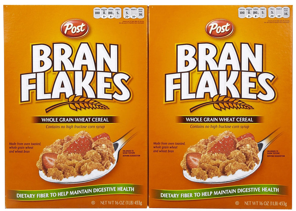 Post bran flakes front packaging showing box branding and weight
