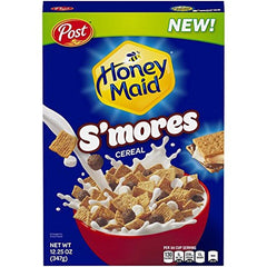 Post Honey Maid front packaging showing cereal bowl and flavor, highlights tasty breakfast