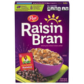 Post Raisin Bran front packaging showing whole grains and raisins benefit convenience