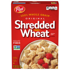 Post shredded wheat front packaging showing six-box bundle and whole grain benefit