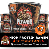 Power Noods front cup showing branding and quick convenience benefit