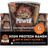 Power Noods front packaging showing Hot 'N' Spicy cup and branding benefits