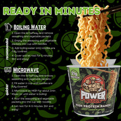 Power Noods spice packet and label showing flavor components and ease