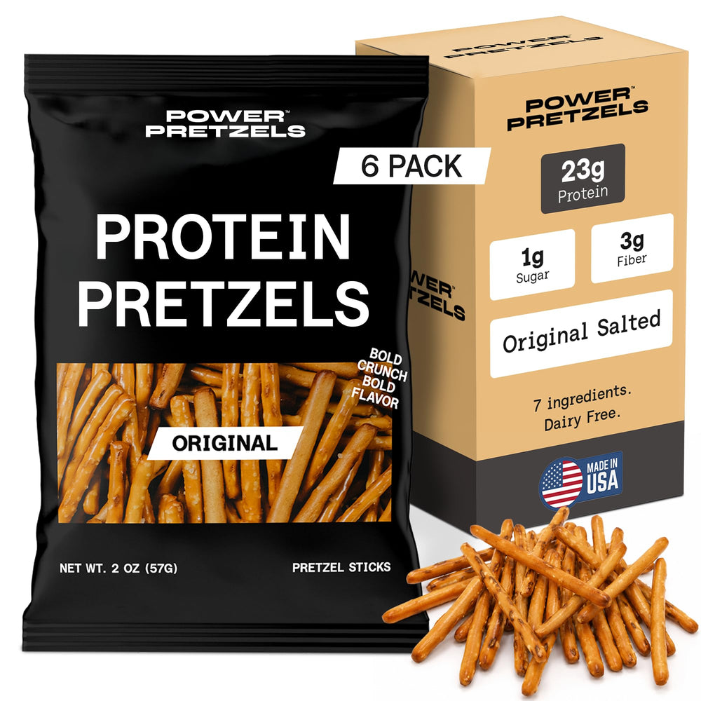 Power Pretzels front packaging showing salted protein pretzel bags and benefits