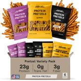 Power Pretzels front packaging showing six-bag variety and protein benefit