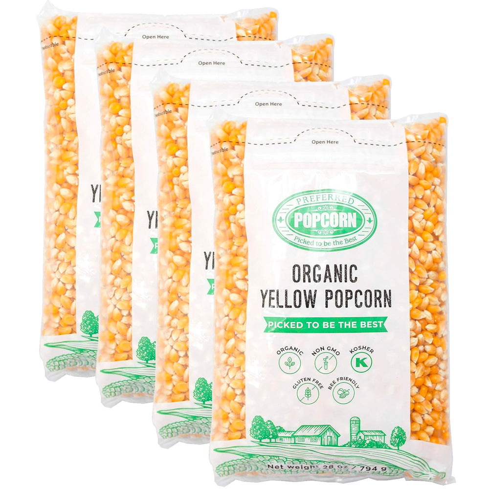 Preferred Popcorn front packaging showing four 28 oz organic bags and brand clarity