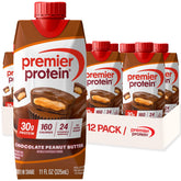 Premier Protein bottle front showing chocolate peanut butter flavor and benefits