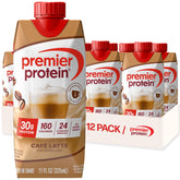 Premier Protein café latte front packaging shows bottle and flavor benefit