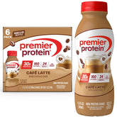 Premier Protein Café Latte front pack shot showing 6 bottles for convenient protein