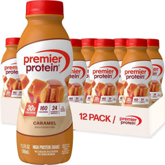 Premier Protein caramel front packaging showing bottle that highlights nutrition