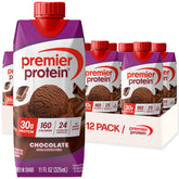 Premier Protein chocolate front packaging showing 12-pack and convenience