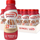 Premier Protein cinnamon roll front packaging showing nutrition and flavor benefits