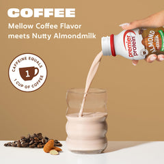 Premier Protein coffee pouring into glass showing creamy almondmilk texture and satisfaction